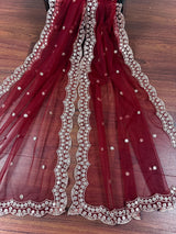 Maroon Color Soft Net Dupatta with Muted Gold Zari and Artifical Mirror | Dupatta for Lehanga | Wedding Dupatta | Dupatta for Suit