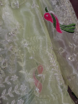 Pastel Pista Green Color Tissue Net Dupatta with Sliver Zari | Parrot Motifs | Blue Color Dupatta | Dupatta for Gifts