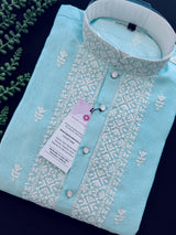 Pastel Sea Blue Color 100 Percent Premium Cotton Kurta with Pajama | Emberiodery Kurta with Cotton Lining | Cotton Mens Kurta Set