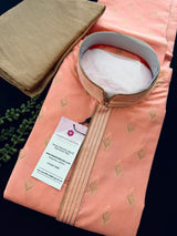 Designer Sea Green Soft Raw Silk Men Kurta Pajama | Peach Color Kurta for Men