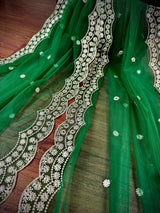 Green Color Soft Net Dupatta with Muted Gold Zari and Artifical Mirror | Dupatta for Lehanga | Wedding Dupatta | Dupatta for Suit