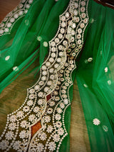 Green Color Soft Net Dupatta with Muted Gold Zari and Artifical Mirror | Dupatta for Lehanga | Wedding Dupatta | Dupatta for Suit