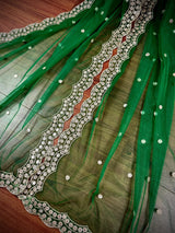 Green Color Soft Net Dupatta with Muted Gold Zari and Artifical Mirror | Dupatta for Lehanga | Wedding Dupatta | Dupatta for Suit