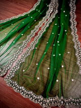 Green Color Soft Net Dupatta with Muted Gold Zari and Artifical Mirror | Dupatta for Lehanga | Wedding Dupatta | Dupatta for Suit
