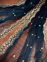 Dark Teal Color Soft Net Dupatta with Muted Gold Zari and Artifical Mirror | Dupatta for Lehanga | Wedding Dupatta | Dupatta for Suit