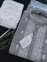 Grey Color 100 Percent Premium Cotton Kurta with Pajama | Emberiodery Kurta with Cotton Lining | Cotton Mens Kurta Set