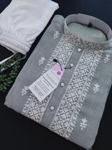 Grey Color 100 Percent Premium Cotton Kurta with Pajama | Emberiodery Kurta with Cotton Lining | Cotton Mens Kurta Set