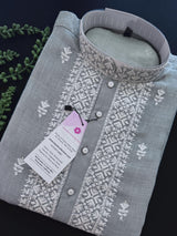 Grey Color 100 Percent Premium Cotton Kurta with Pajama | Emberiodery Kurta with Cotton Lining | Cotton Mens Kurta Set
