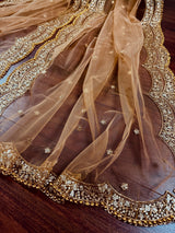 Beige Color Net Dupatta with Zari, Sequin and Beads | Beige Color Dupatta | Net Dupatta | Sequin Dupattas | Indian Dupatta for Lehanga