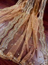Beige Color Net Dupatta with Zari, Sequin and Beads | Beige Color Dupatta | Net Dupatta | Sequin Dupattas | Indian Dupatta for Lehanga