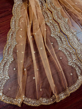 Beige Color Net Dupatta with Zari, Sequin and Beads | Beige Color Dupatta | Net Dupatta | Sequin Dupattas | Indian Dupatta for Lehanga