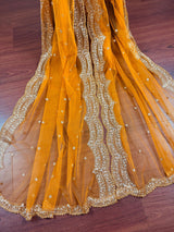Mango Yellow Color Net Dupatta with Gold Zari, Sequin and Beads | Wedding Dupatta | Sequin Dupattas | Indian Dupatta for Lehanga