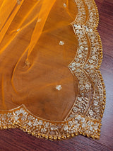 Mango Yellow Color Net Dupatta with Gold Zari, Sequin and Beads | Wedding Dupatta | Sequin Dupattas | Indian Dupatta for Lehanga