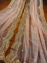 Pastel Peach Color Net Dupatta with Gold Zari, Sequin and Beads | Peach Color Wedding Dupatta | Sequin Dupattas | Indian Dupatta for Lehanga