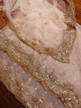 Pastel Peach Color Net Dupatta with Gold Zari, Sequin and Beads | Peach Color Wedding Dupatta | Sequin Dupattas | Indian Dupatta for Lehanga