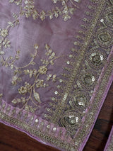 Statement Pastel Onion Lavender Color Organza Silk Dupatta with Muted Gold Zari, Embroidery and Sequin | Wedding Dupatta | Lehanga Dupatta