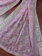 Statement Pastel Onion Lavender Color Organza Silk Dupatta with Muted Gold Zari, Embroidery and Sequin | Wedding Dupatta | Lehanga Dupatta