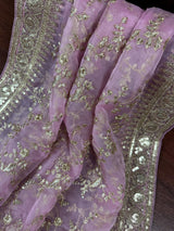 Statement Pastel Onion Lavender Color Organza Silk Dupatta with Muted Gold Zari, Embroidery and Sequin | Wedding Dupatta | Lehanga Dupatta