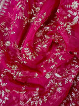 Statement Hot Pink Color Organza Silk Dupatta with Muted Gold Zari, Embroidery and Sequins | Wedding Dupattas | Lehangas Dupatta