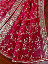 Statement Hot Pink Color Organza Silk Dupatta with Muted Gold Zari, Embroidery and Sequins | Wedding Dupattas | Lehangas Dupatta