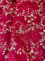 Statement Hot Pink Color Organza Silk Dupatta with Muted Gold Zari, Embroidery and Sequins | Wedding Dupattas | Lehangas Dupatta
