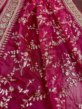 Statement Hot Pink Color Organza Silk Dupatta with Muted Gold Zari, Embroidery and Sequins | Wedding Dupattas | Lehangas Dupatta