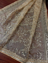 Statement Gold Beige Color Organza Silk Dupatta with Muted Gold Zari, Embroidery and Sequin | Wedding Dupatta | Lehanga Dupatta