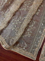 Statement Gold Beige Color Organza Silk Dupatta with Muted Gold Zari, Embroidery and Sequin | Wedding Dupatta | Lehanga Dupatta