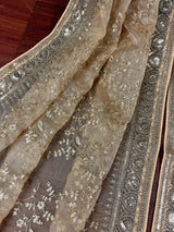 Statement Gold Beige Color Organza Silk Dupatta with Muted Gold Zari, Embroidery and Sequin | Wedding Dupatta | Lehanga Dupatta