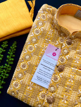 Mustard Yellow 3-Piece Kurta Pajama Set for Boys with Heavy Work Jacket | Indian Ethnic Outfit for Weddings & Festivals