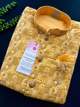 Mustard Yellow 3-Piece Kurta Pajama Set for Boys with Heavy Work Jacket | Indian Ethnic Outfit for Weddings & Festivals