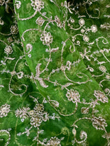 Statement Parrot Green Color Organza Silk Dupatta with Muted Gold Zari, Embroidery and Sequin | Wedding Dupatta | Dupatta for Lehangas