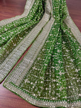 Statement Parrot Green Color Organza Silk Dupatta with Muted Gold Zari, Embroidery and Sequin | Wedding Dupatta | Dupatta for Lehangas