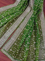 Statement Parrot Green Color Organza Silk Dupatta with Muted Gold Zari, Embroidery and Sequin | Wedding Dupatta | Dupatta for Lehangas