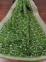 Statement Parrot Green Color Organza Silk Dupatta with Muted Gold Zari, Embroidery and Sequin | Wedding Dupatta | Dupatta for Lehangas