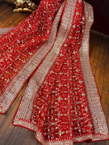 Statement Red Color Organza Silk Dupatta with Muted Gold Zari, Embroidery and Sequin | Wedding Dupatta | Dupatta for Lehangas