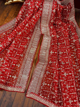 Statement Red Color Organza Silk Dupatta with Muted Gold Zari, Embroidery and Sequin | Wedding Dupatta | Dupatta for Lehangas