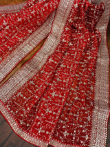 Statement Red Color Organza Silk Dupatta with Muted Gold Zari, Embroidery and Sequin | Wedding Dupatta | Dupatta for Lehangas