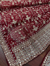Statement Deep Maroon Color Organza Silk Dupatta with Muted Gold Zari, Embroidery and Sequin | Wedding Dupatta | Dupatta for Lehangas