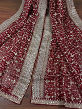 Statement Deep Maroon Color Organza Silk Dupatta with Muted Gold Zari, Embroidery and Sequin | Wedding Dupatta | Dupatta for Lehangas