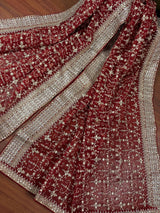 Statement Deep Maroon Color Organza Silk Dupatta with Muted Gold Zari, Embroidery and Sequin | Wedding Dupatta | Dupatta for Lehangas