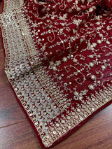 Statement Deep Maroon Color Organza Silk Dupatta with Muted Gold Zari, Embroidery and Sequin | Wedding Dupatta | Dupatta for Lehangas