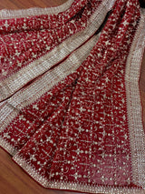 Statement Deep Maroon Color Organza Silk Dupatta with Muted Gold Zari, Embroidery and Sequin | Wedding Dupatta | Dupatta for Lehangas
