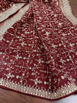 Statement Deep Maroon Color Organza Silk Dupatta with Muted Gold Zari, Embroidery and Sequin | Wedding Dupatta | Dupatta for Lehangas