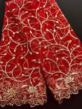 Red Color Soft Net Dupatta with Heavy Embroidery, Pearl and Zari | Dupatta for Lehangas | Dupatta for Gifts | Wedding Dupattas