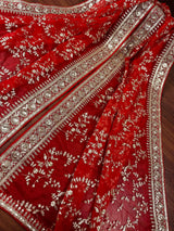 Red Color Organza Dupatta with Embroidery, Sequin and Zari | Muted Gold Zari Dupatta