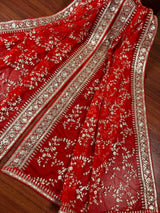 Red Color Organza Dupatta with Embroidery, Sequin and Zari | Muted Gold Zari Dupatta