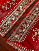 Red Color Organza Dupatta with Embroidery, Sequin and Zari | Muted Gold Zari Dupatta