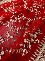 Red Color Organza Dupatta with Embroidery, Sequin and Zari | Muted Gold Zari Dupatta