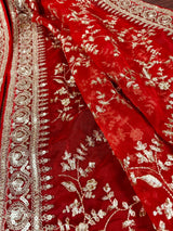 Red Color Organza Dupatta with Embroidery, Sequin and Zari | Muted Gold Zari Dupatta